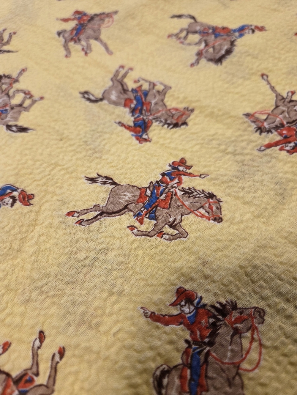 Super Rare Vintage Circa 1940's Cowboys Broncos On Yellow Seersucker Per Yard
